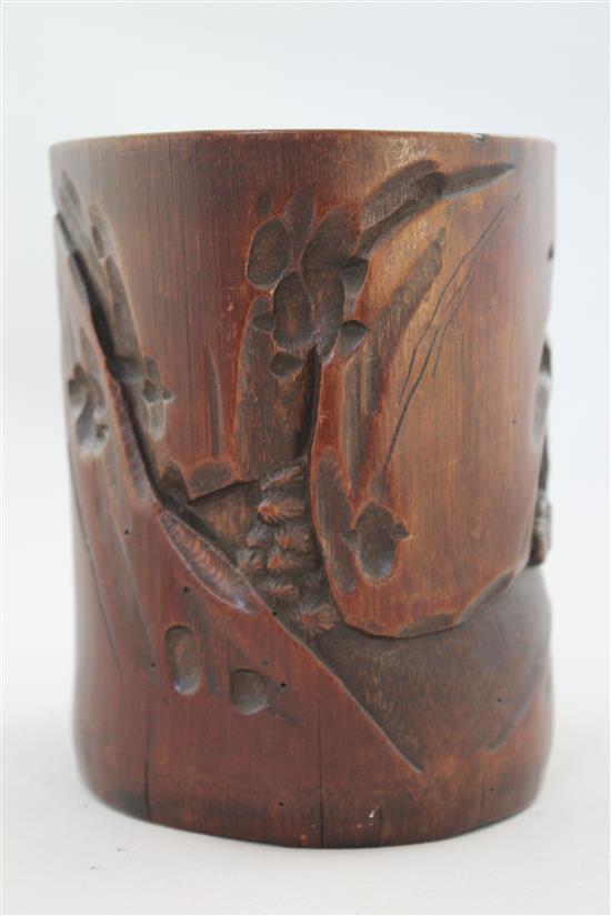 A Chinese bamboo brush pot, 17th / 18th century, 13.5cm, slight old worm damage